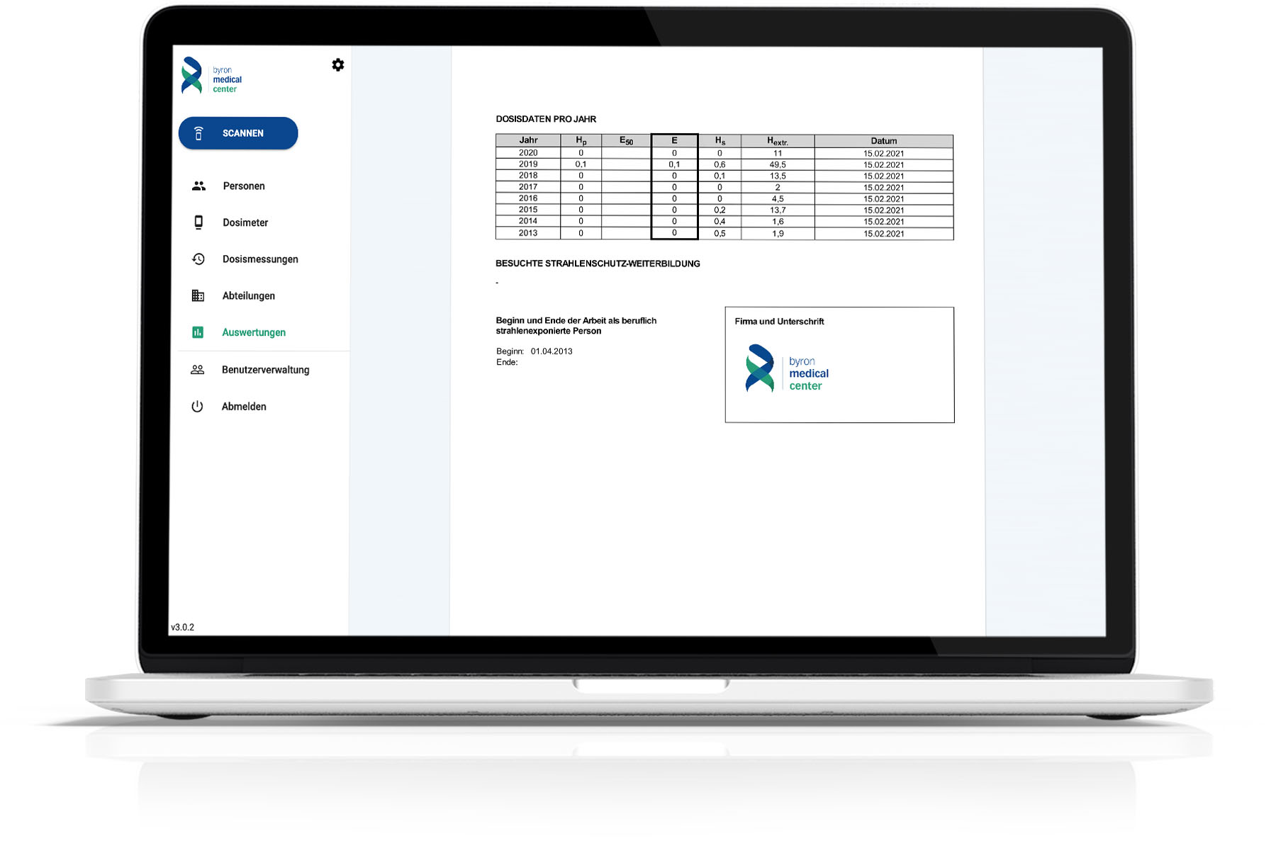 Computer-Ansicht Erstellung der persönlichen Dosisdokumente